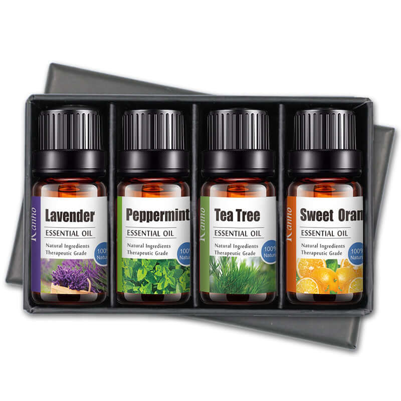 4-pcs breath easy essential oils set, consisting of lavender, sweet orange, peppermint and  tea tree