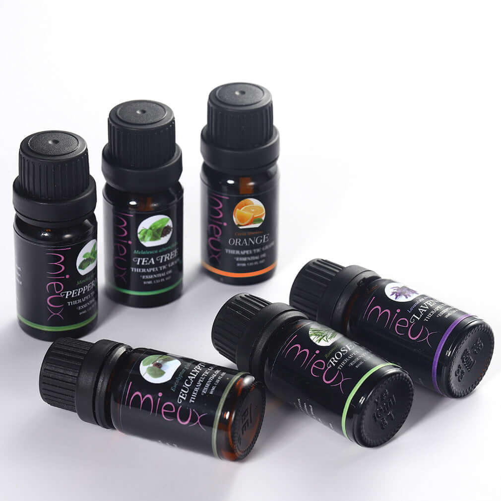 6 Piece essential oilss set consists of rosemary, tea tree, sweet orange, pepper mint, lavender and eucaliptus