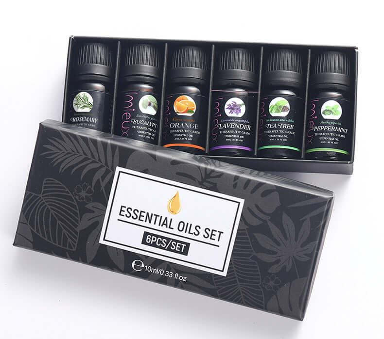 6 Piece essential oils set in an open box