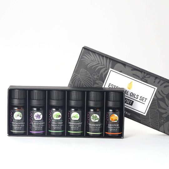 6 Piece essential oils set in an open box