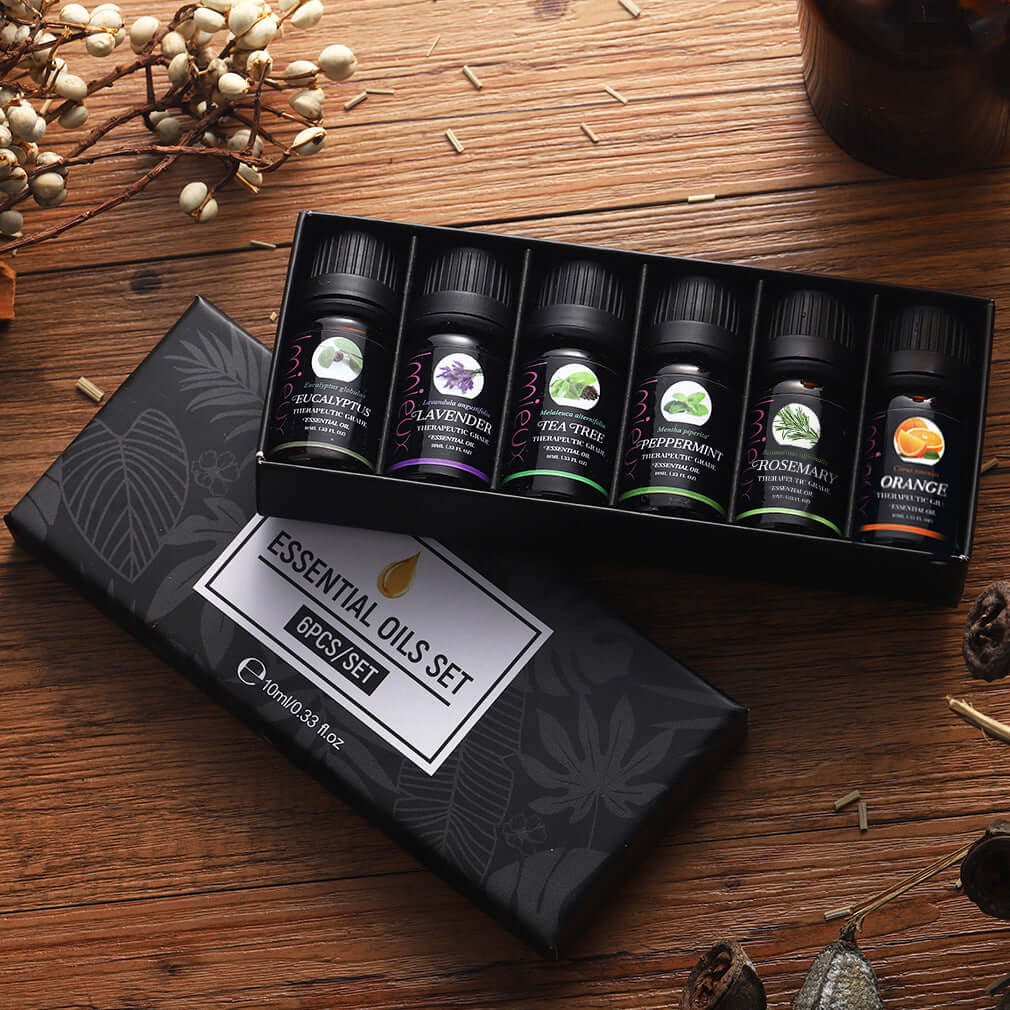 6 Piece essential oils set in open box