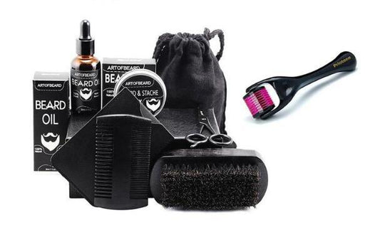 7 piece black beard care set and a roller