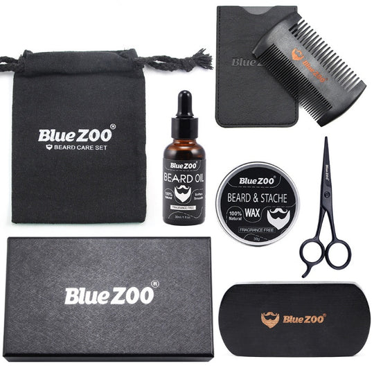 7 piece black bluezoo beard set -beard oil, beard wax, double side comb brush, bag and small scissors 