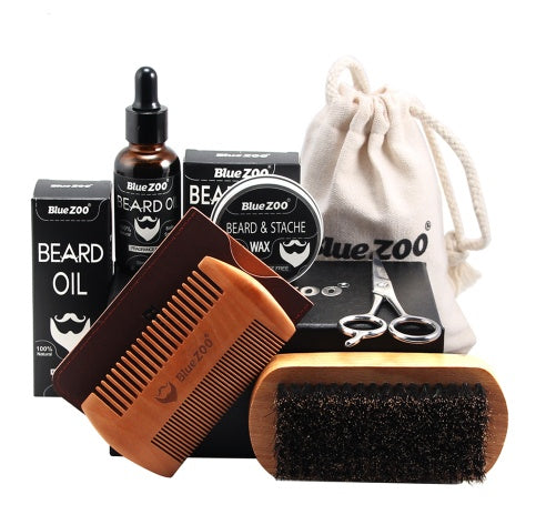 7 piece brown bluezoo beard set -beard oil, beard wax, double side comb brush, bag and small scissors