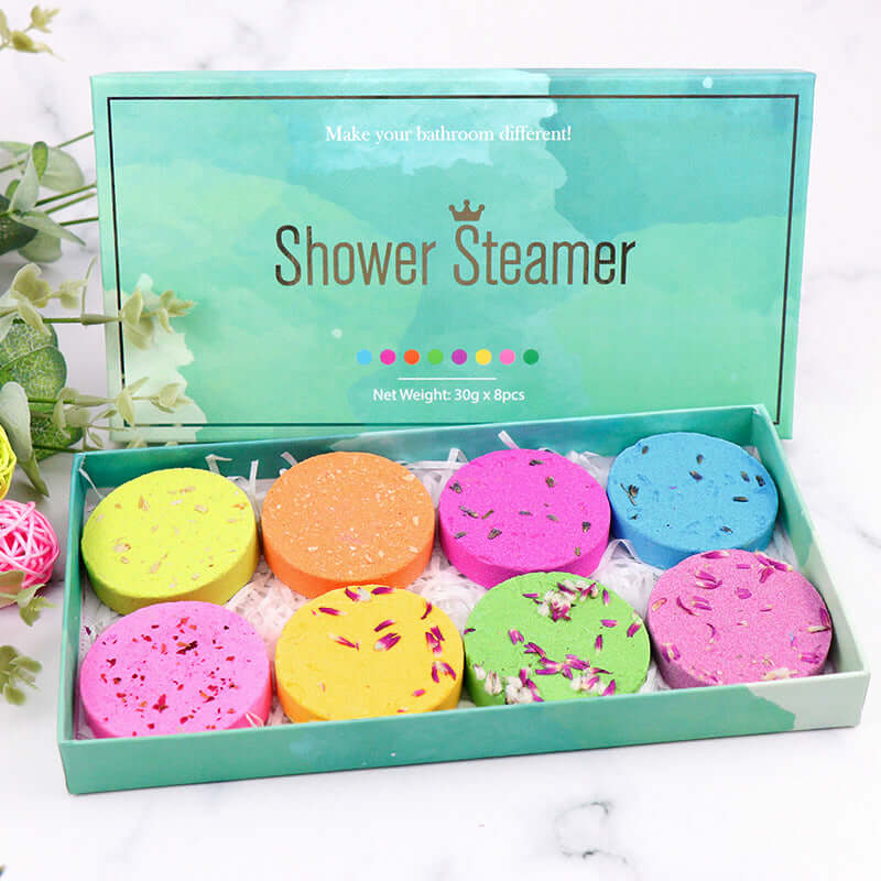 8-Piece shower steamer aromatherapy tablets in an open box