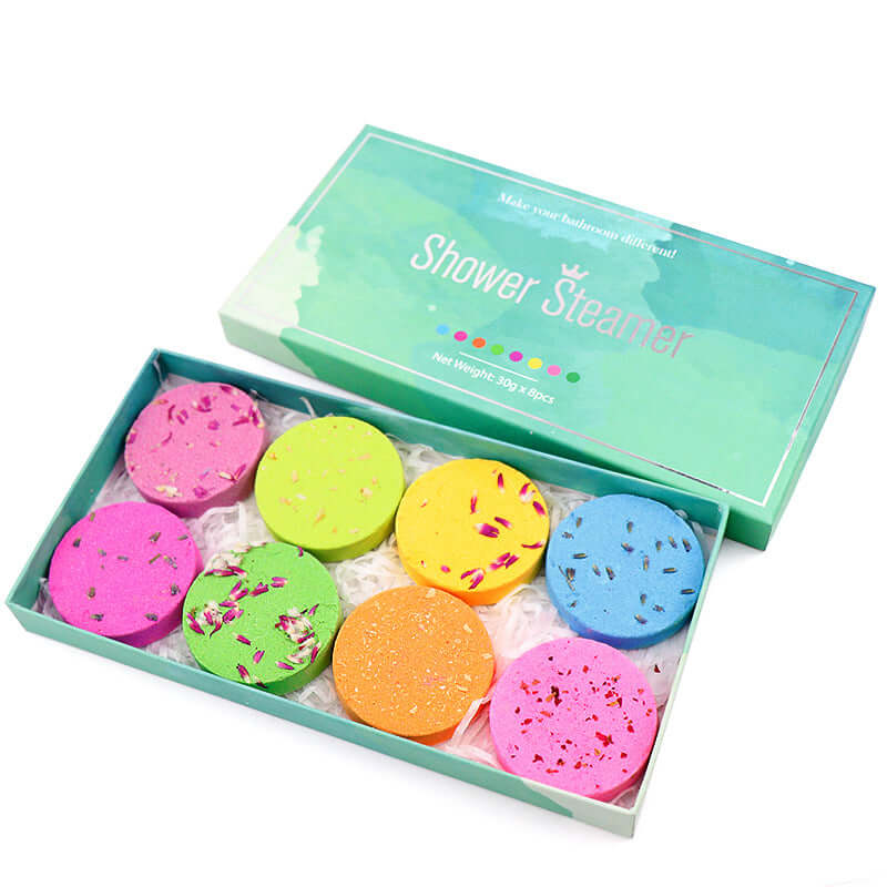 8-piece shower steamer aromatherapy in an open box