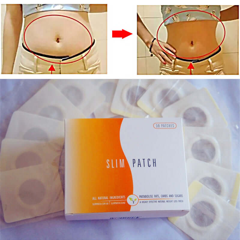 A box + individually packed slimming patches and the waist of a woman before and after their usage 