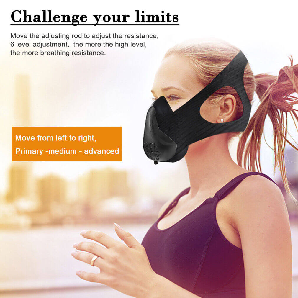 A girl wearing an altitude training face mask