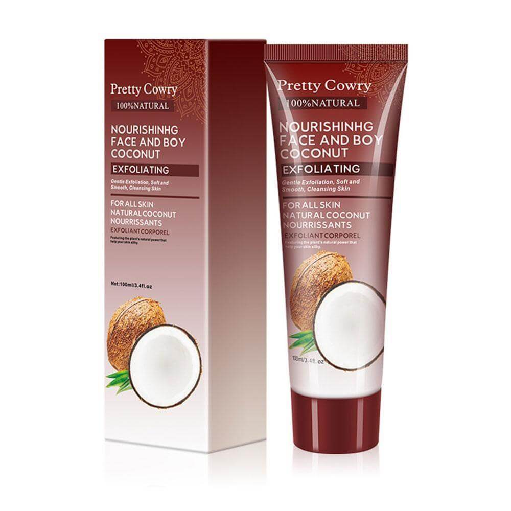 A tube of coconut facial exfoliating and moisturizing gel cream and its box 