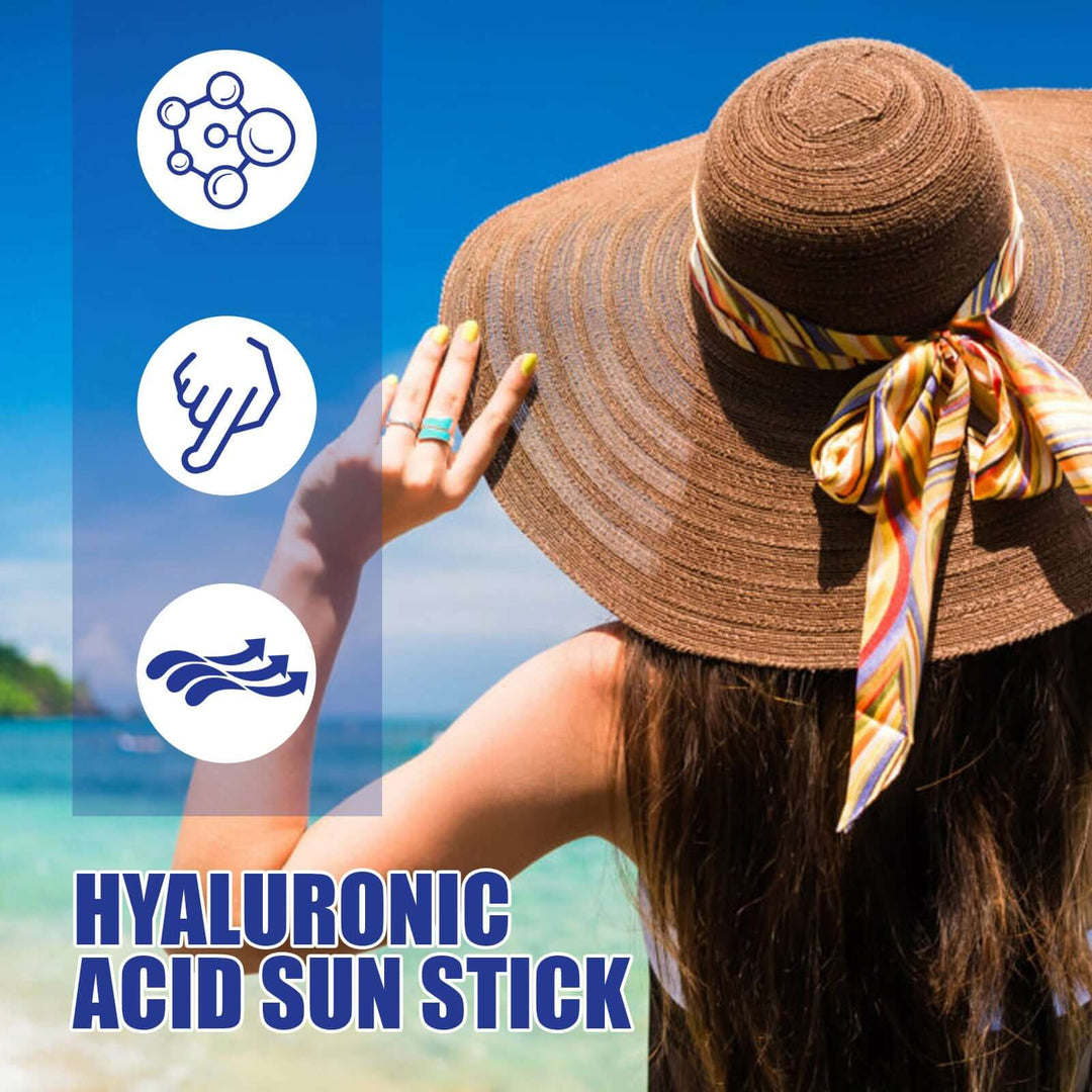 A woman with a big hat wearing a SPF50 hyaluroninc acid sunscreen  