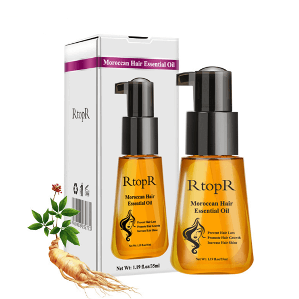 A bottle and a box for RtopR Maroccan hair essential oil