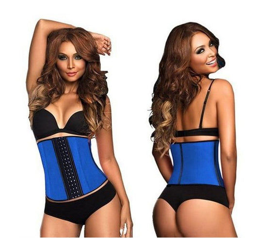 Front and back side of Blue womans waist trainer corset 