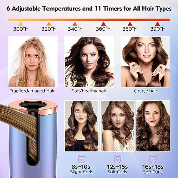 Different temperature settings for different hair types in auto ceramic hair curler