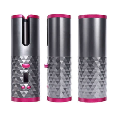 Front, side and rear views of cordless automatic ceramic hair curler 