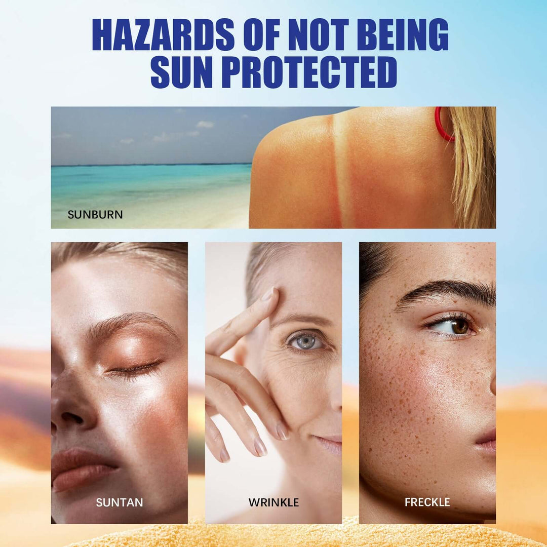 Appearance of wrinkles, suntan, freckles and sun burns on the woman's face when not using a sunprotector  