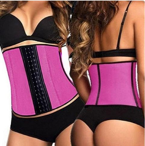 Front and back side of pink womans waist trainer corset