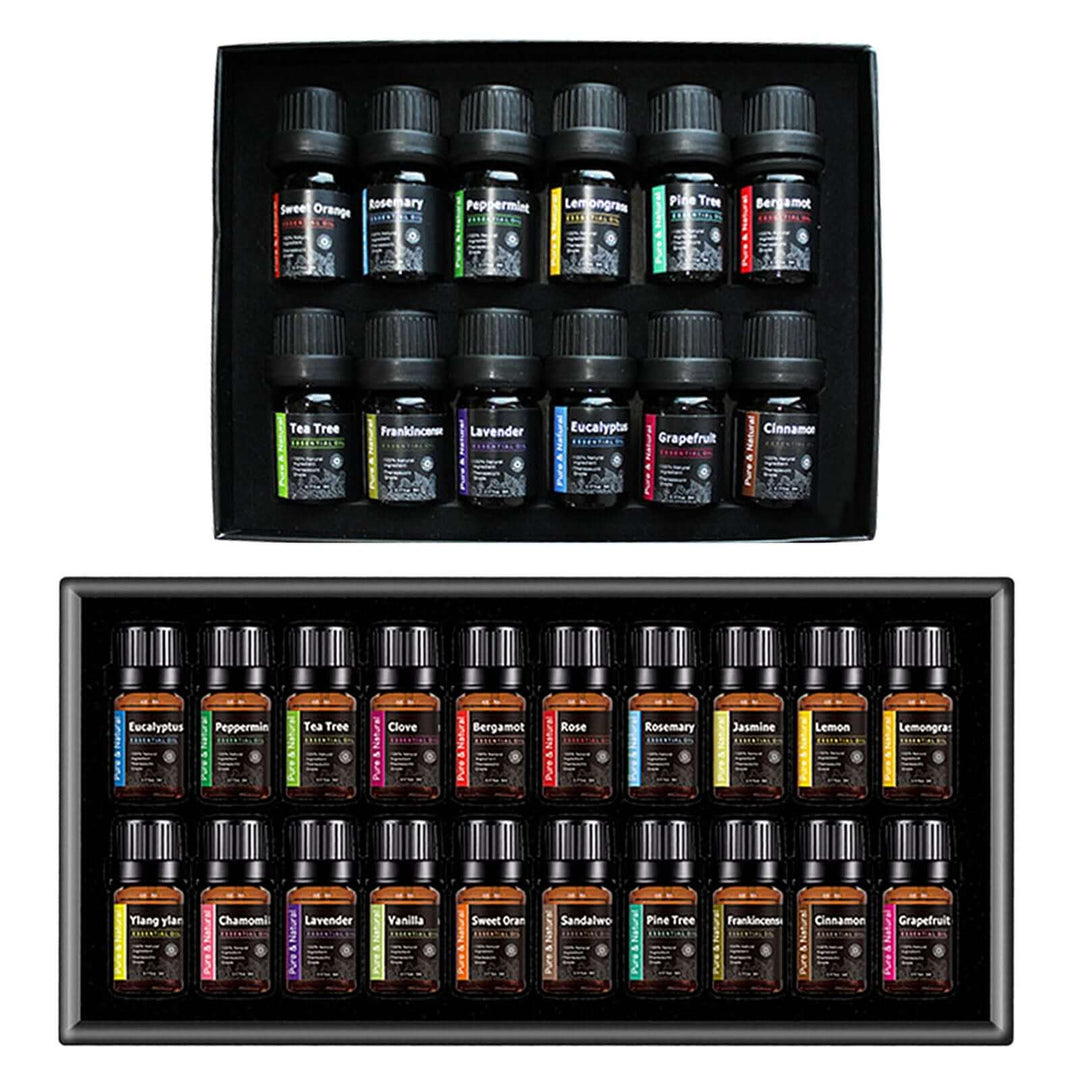 RHJY top 12 and 20 essential aromatherapy oils sets in open boxes