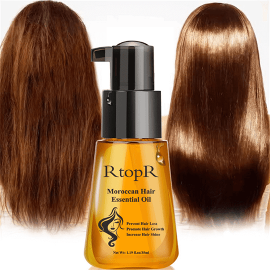 A bottle of RtopR maroccan hair essential oil and a woman's hair before and after its use