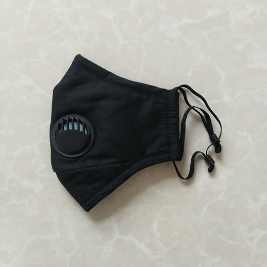 Side view of a black cotton PM2.5 Reusable Face Mask