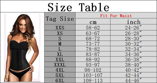 Size table for womans waist trainer corset 