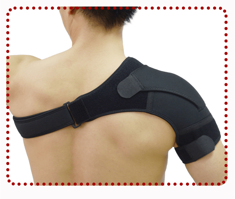 Back view of a man wearing unisex orthopaedic support brace to his right shoulder