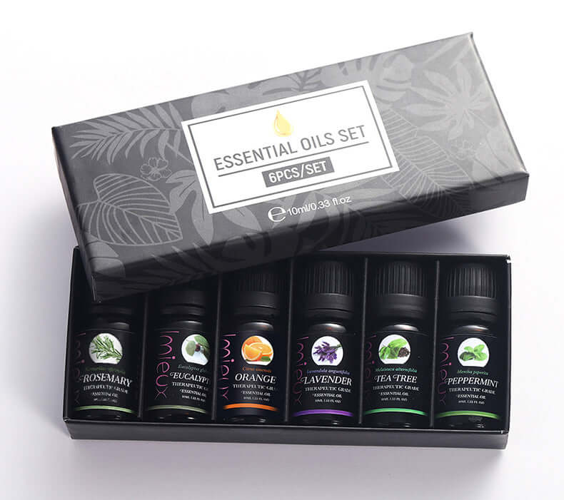 A 6 Piece essential oils set in an open box