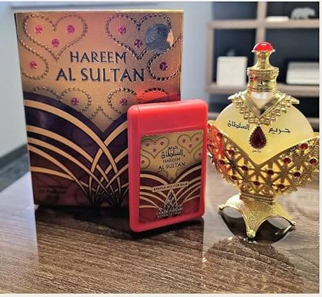 A bottle and a box of Hareem Al Sultan gold concentrated perfume oil