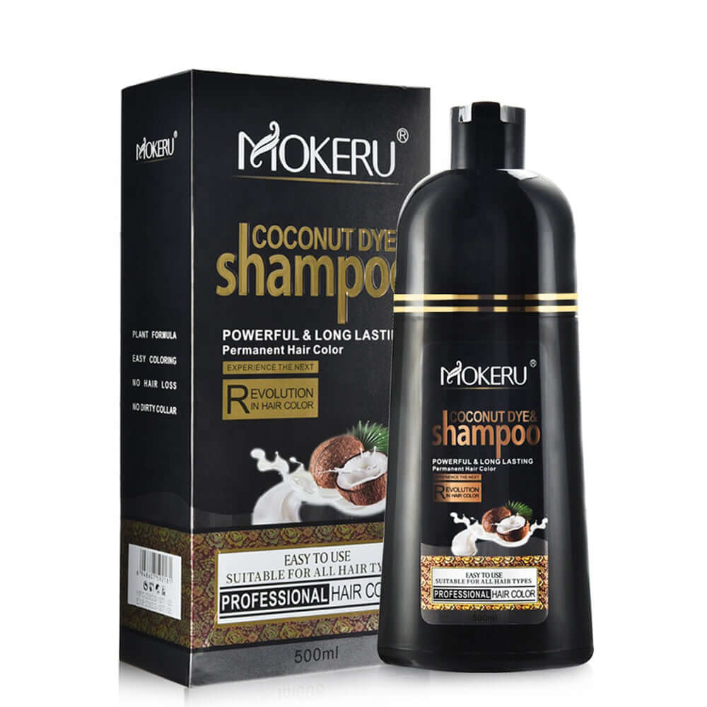 A bottle and a box of Mokeru herbal hair dye shampoo