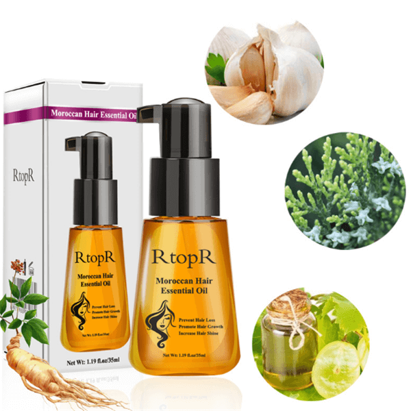 A bottle and a box of  RtopR maroccan hair essential oil and its herbal ingradients