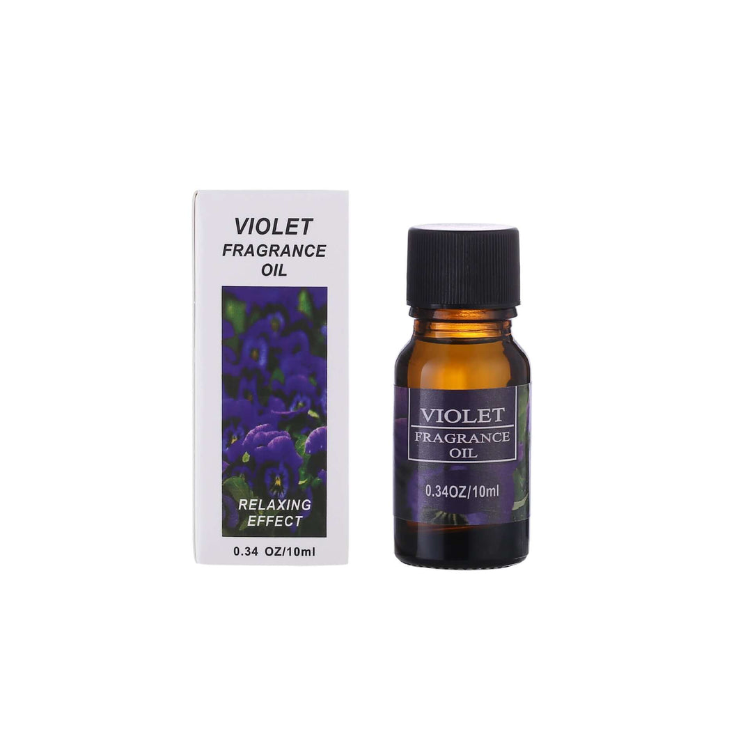 A bottle and a box of a violet fragrance oil 