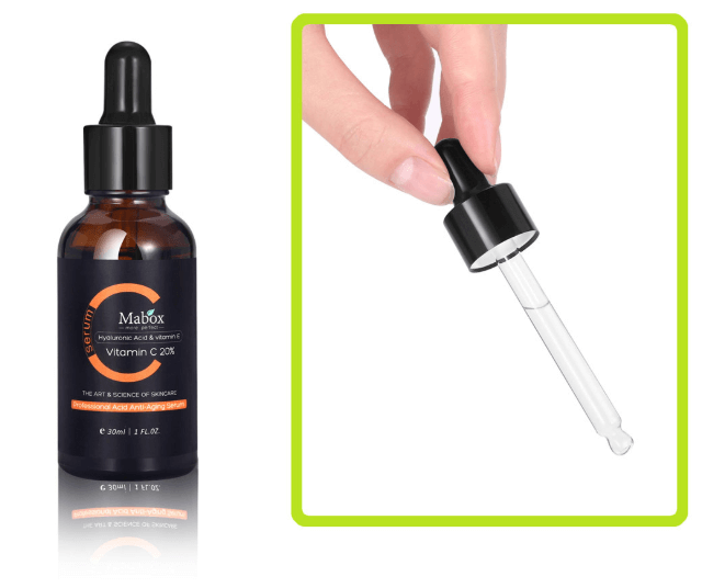 A bottle of Mabox anti-wrinkle Vitamin C serum and a dropper 