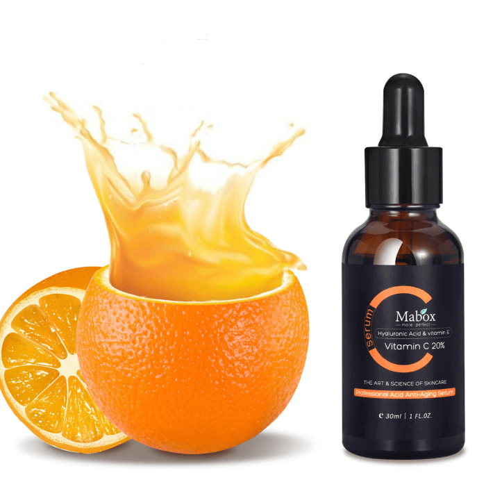 A bottle of Mabox anti-wrinkle Vitamin C serum and a sweet orange fruit