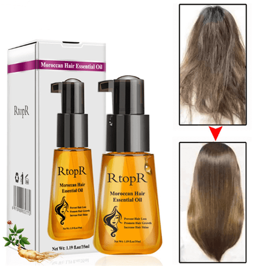 A bottle of RtpR maroccan hair essential oil and a woman's hair before and after its use