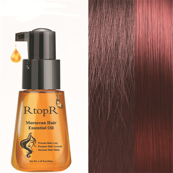 A bottle of RtopR maroccan hair essential oil and a woman's hair