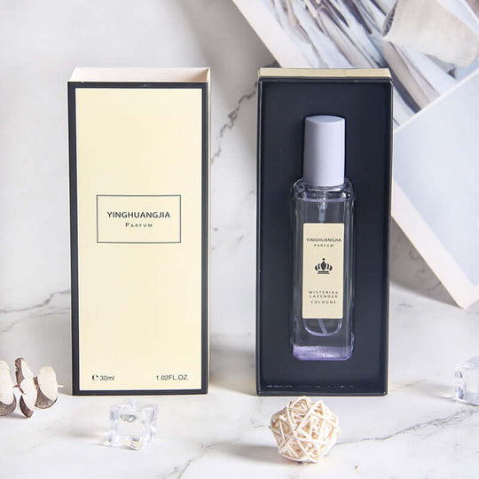 A bottle of wisteria&lavender cologne in an open box