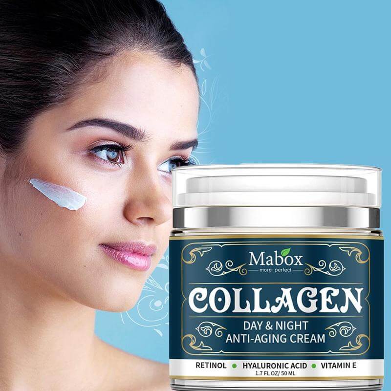 A jar of facial moisturizing collagen cream and a young woman's face using it