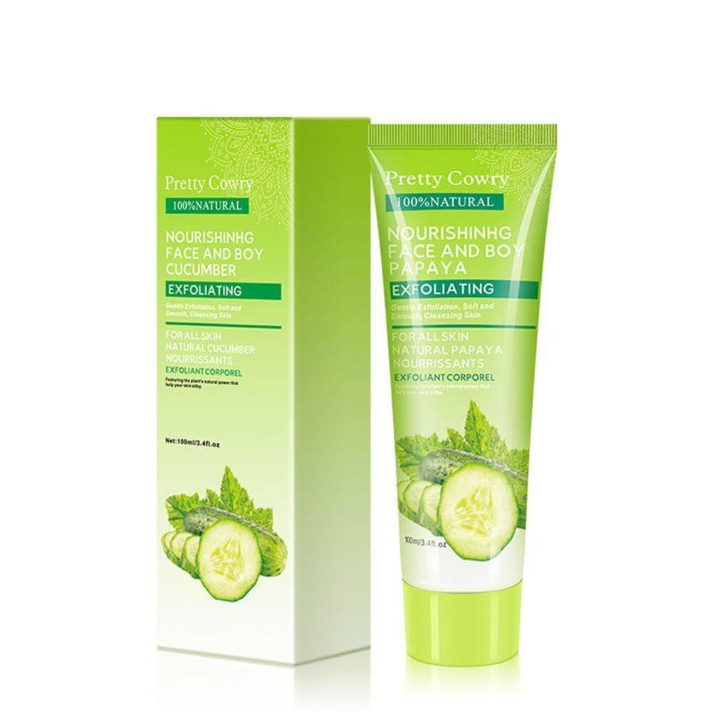 A tube and a box of cucumber facial exfoliating and moisturizing gel cream and its box 