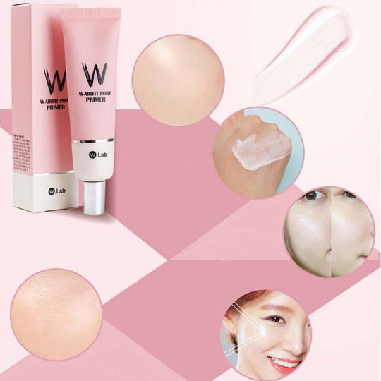 A tube and a box of moisturizing and pore filling effect of W-airfit pore primer on womans face 