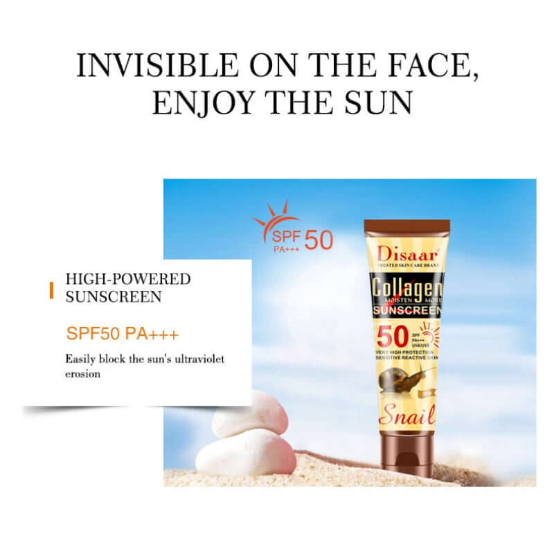 A tube of Disaar 50 SPF collagen sunscreen