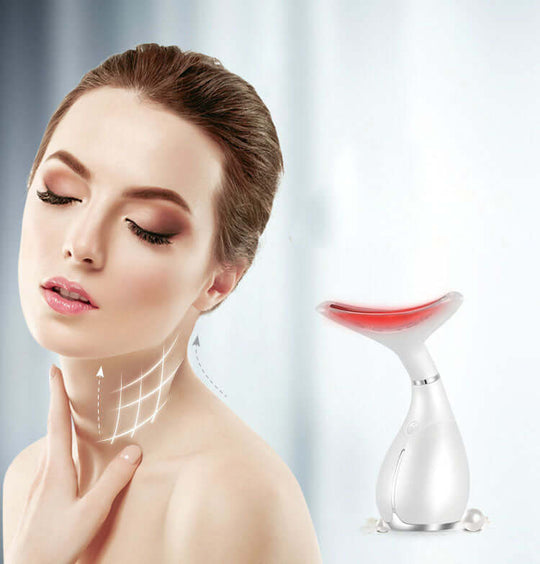 A woman and a face and neck care beauty instrument 