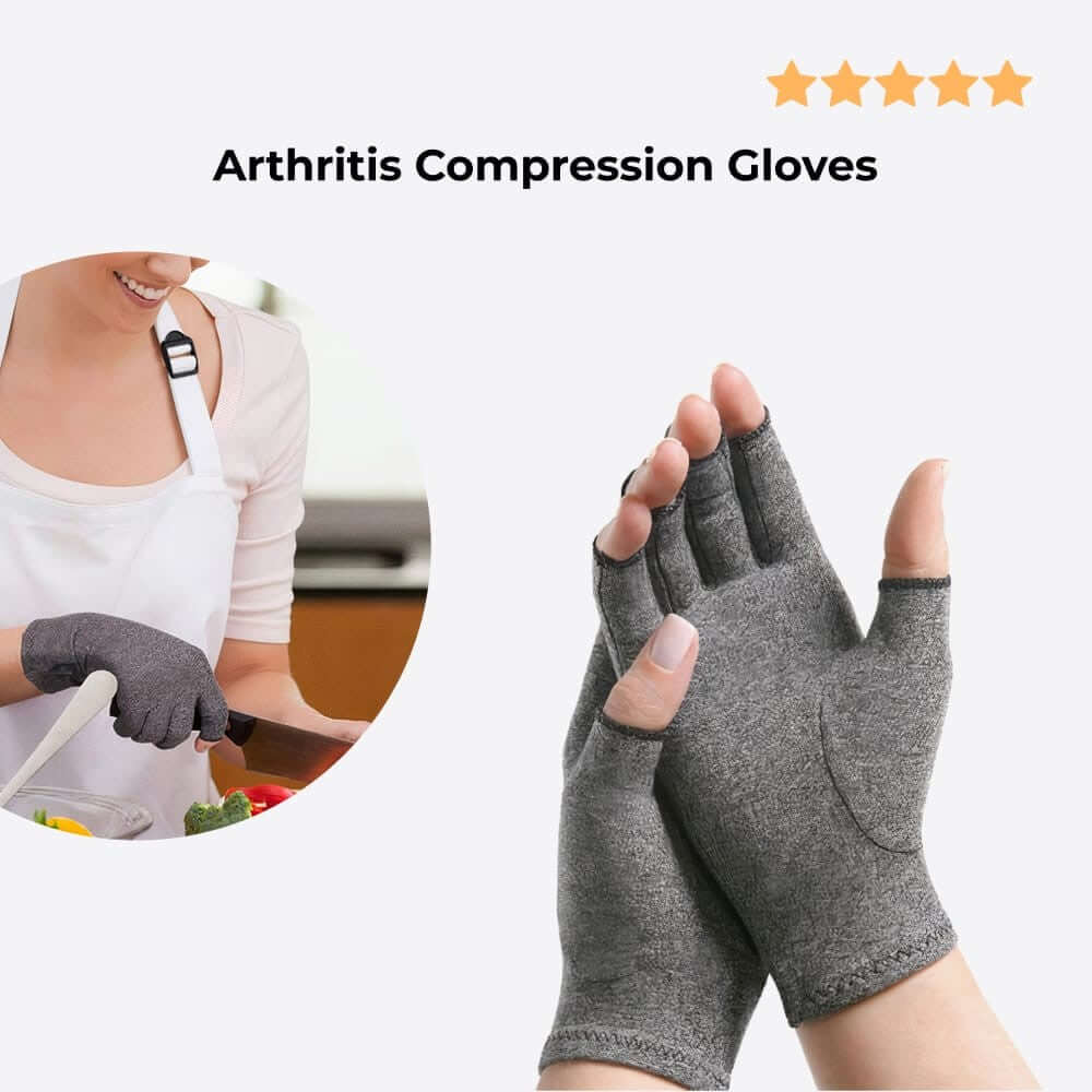 A woman cooking with copper arthritis compression gloves. Shown also two hands with arthritis gloves