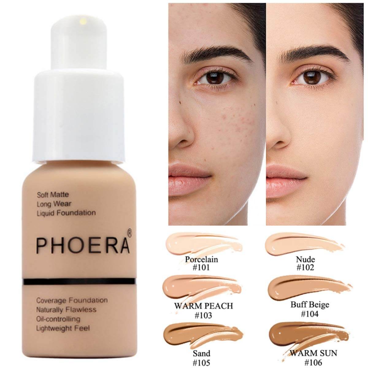 A woman's face before and after application of #101-106 phoera matte foundation cream