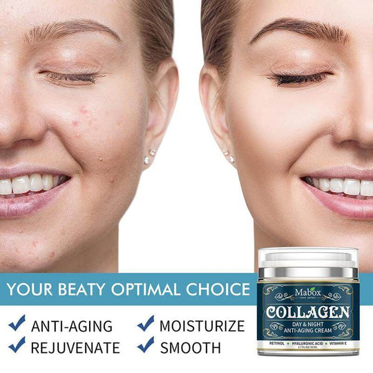 A woman's face before and after application of the face moisturizing collagen cream 