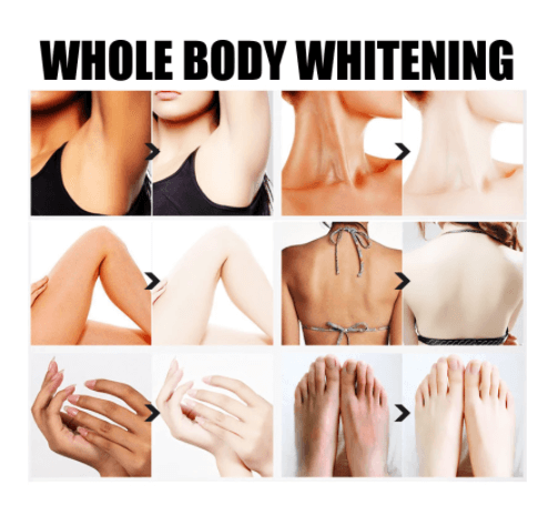 The whitening affect of collagen body whitening lotion on different parts of woman's body