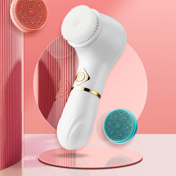 An electric facial cleansing device with 3 replaceble silicone heads - white, blue and pink