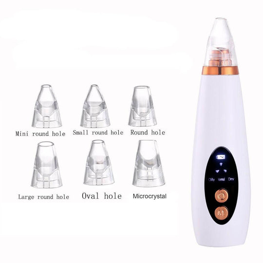 An electric rechargable blackhead remover has 6 interchangable heads