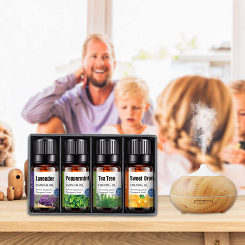 An open box with 4 pcs breath easy essential oil sets and a family sitting around a table with an aromatherapy diffuser