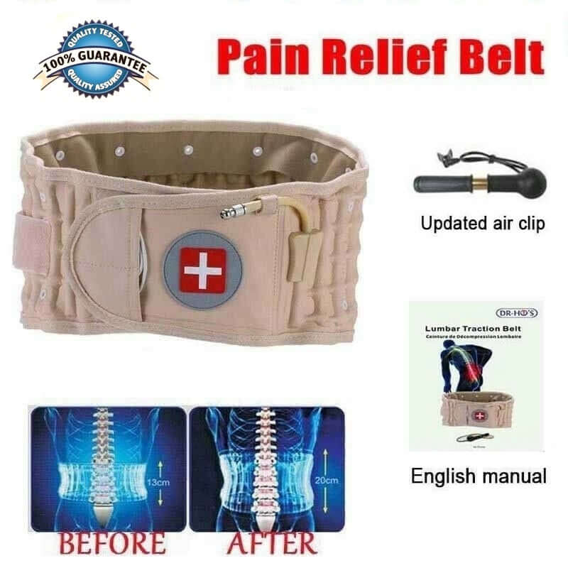 Beige lumbar decompression back support belt for pain relief with updated air clip and english manual - before and after usage