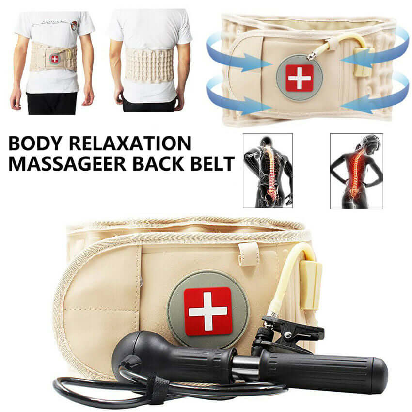 Beige lumbar decompression back support belt on a mans body - front and back views