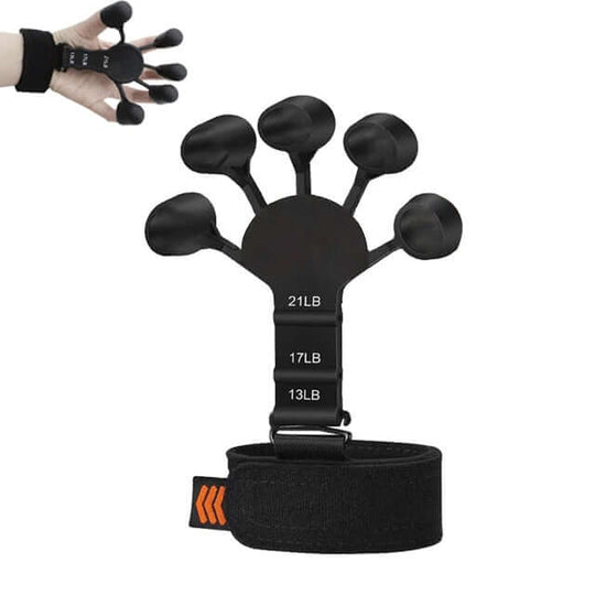 Experience the Black 6 Resistant Strength Finger Exerciser: View it both unused and in action to understand its effectiveness.